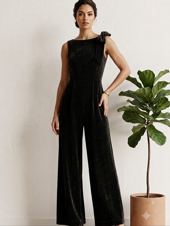 julia jordan Pants - Julia Jordan Black Velvet Jumpsuit Women’s 8 | Sleeveless Satin Bow Shoulder